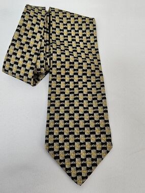 Valentino Cravatte 100% Silk Made in Italy Tie Geometric Black Gold Gray